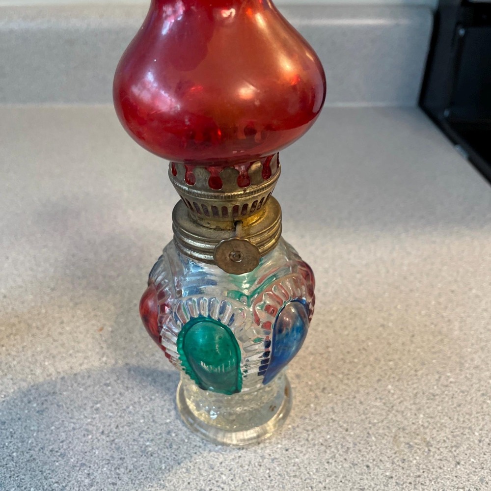 Pair of Vintage Mini Glass Oil Lamps Red Cranberry Chimney Hand Painted Pair - Picture 11 of 13
